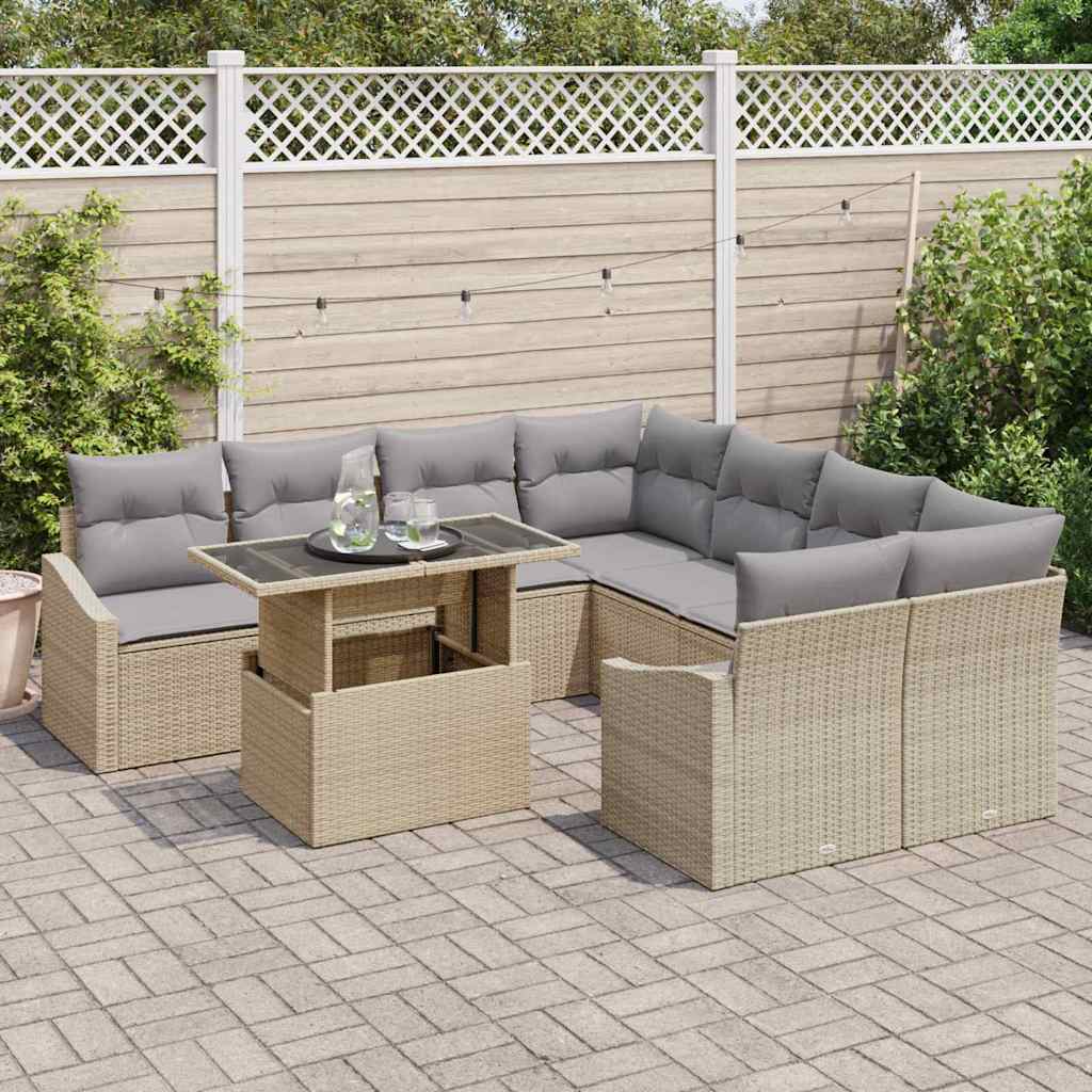 9-piece garden sofa set with cushions, light beige poly rattan