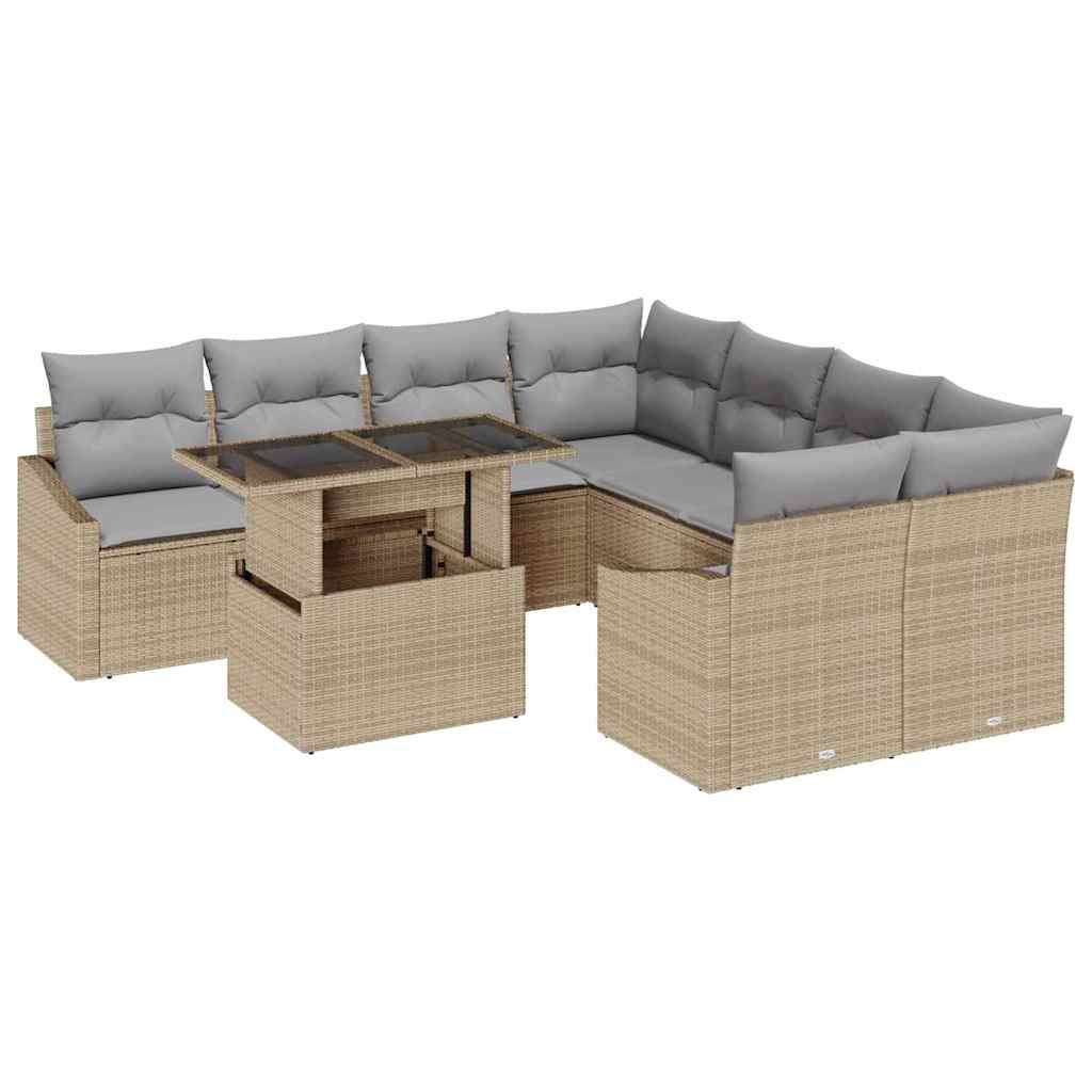 9-piece garden sofa set with cushions, light beige poly rattan
