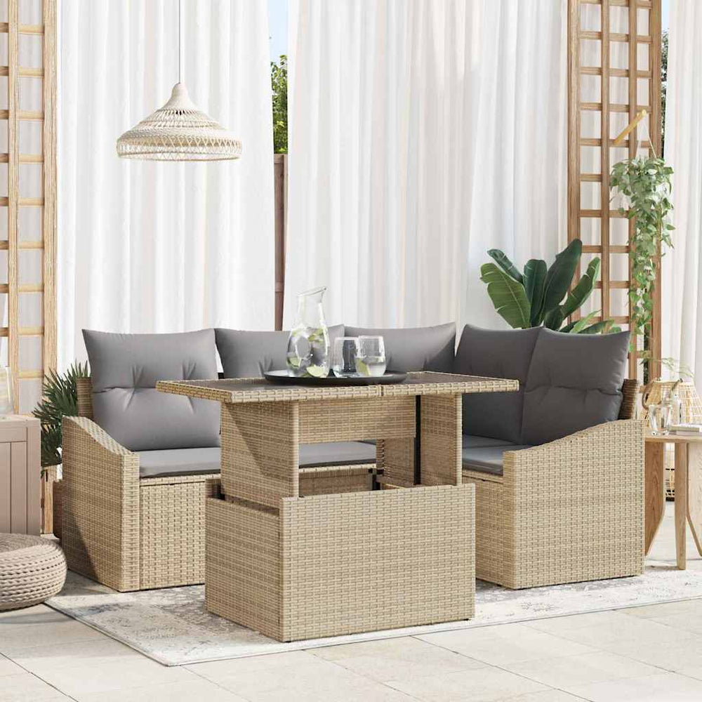 5 dalių sodo sofos komplektas su pagalvėlėmis smėlio spalvos poli rattan