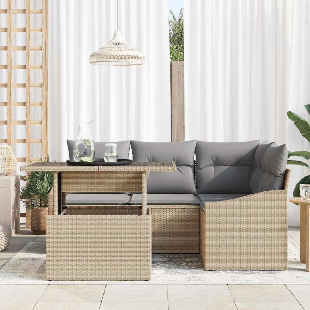 5 dalių sodo sofos komplektas su pagalvėlėmis smėlio spalvos poli rattan