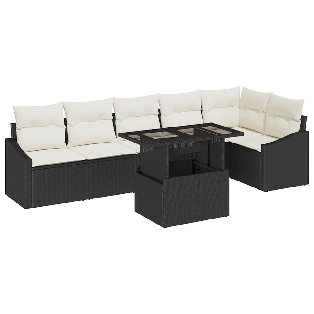 7-Piece Garden Sofa Set with Cushions, Black Poly Rattan