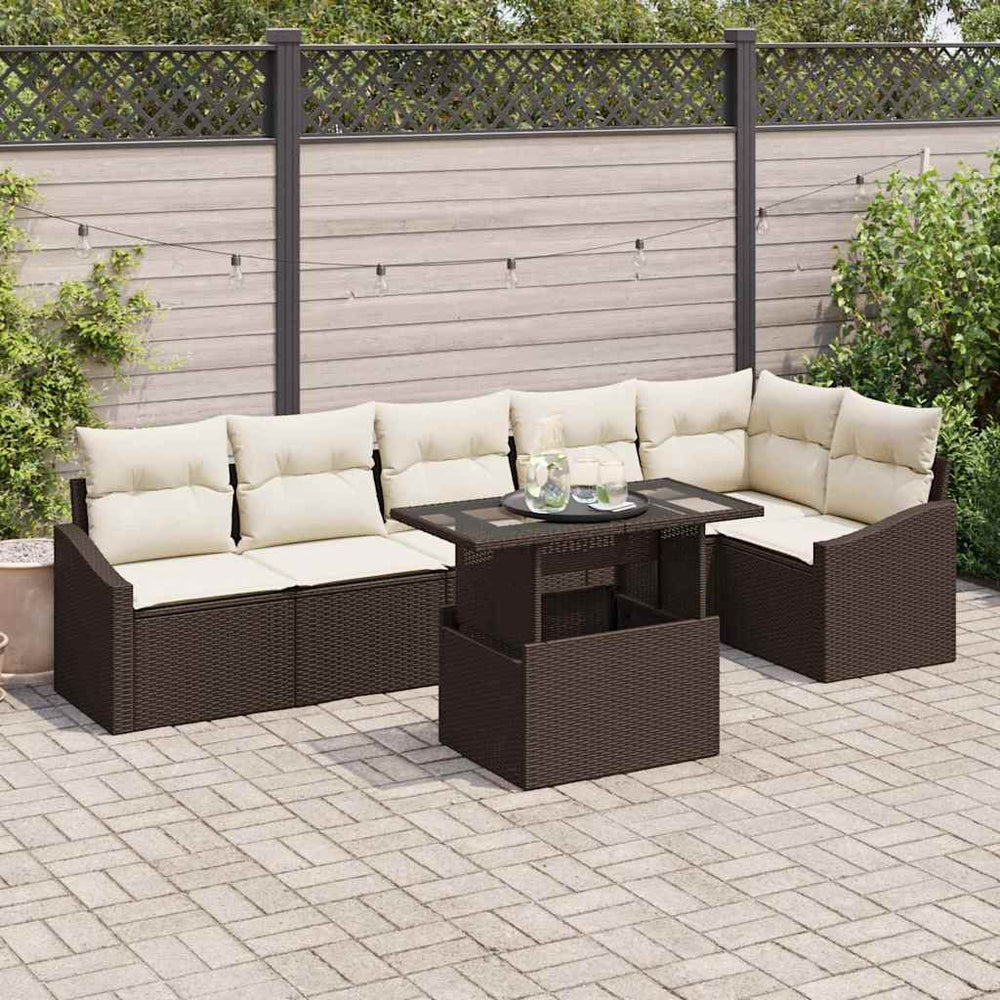 7 dalių sodo sofų komplektas su pagalvėlėmis, rudas poly rattan