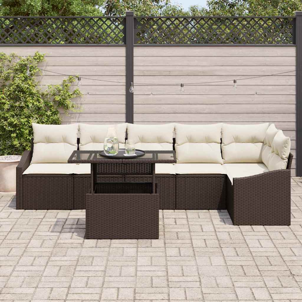 7 dalių sodo sofų komplektas su pagalvėlėmis, rudas poly rattan