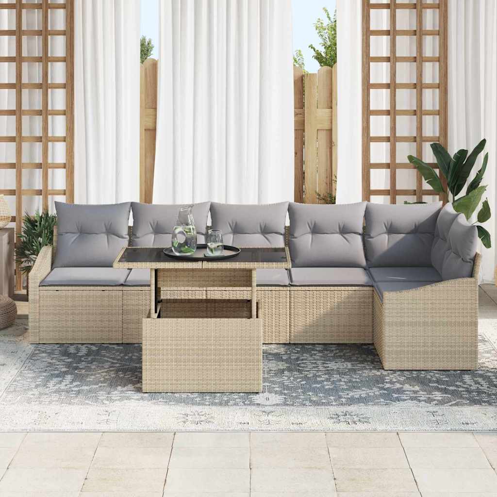 7 dalių sodo sofos komplektas su pagalvėlėmis, šviesiai smėlio spalvos poly rattan