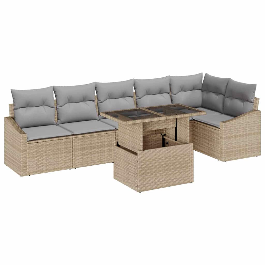 7 dalių sodo sofos komplektas su pagalvėlėmis, šviesiai smėlio spalvos poly rattan