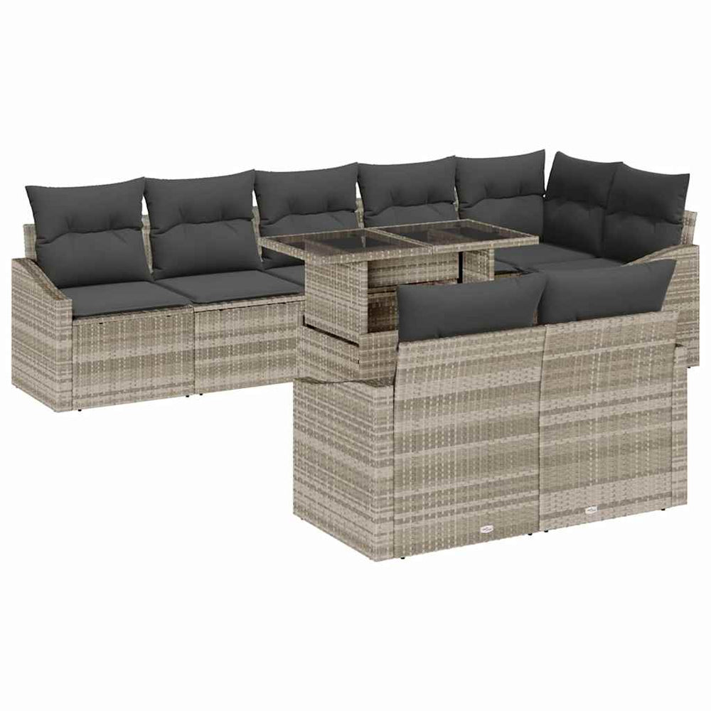 9-piece garden sofa set with cushions, light grey poly rattan