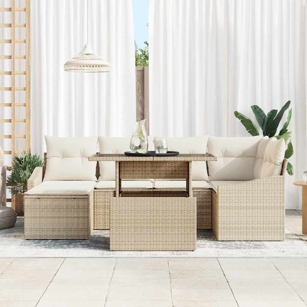 7 dalių sodo sofų komplektas su pagalvėlėmis smėlio spalvos poli rattan