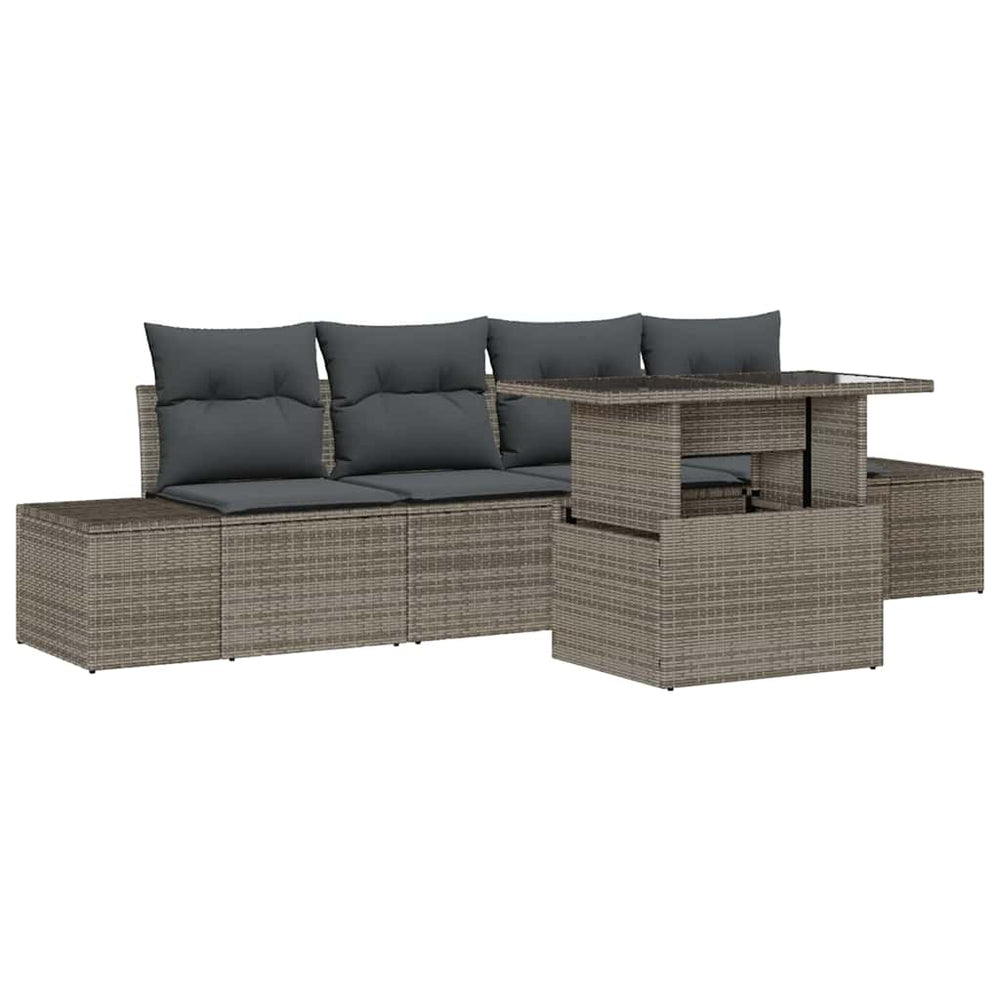 5-piece Garden Sofa Set with Cushions, Grey, Poly Rattan