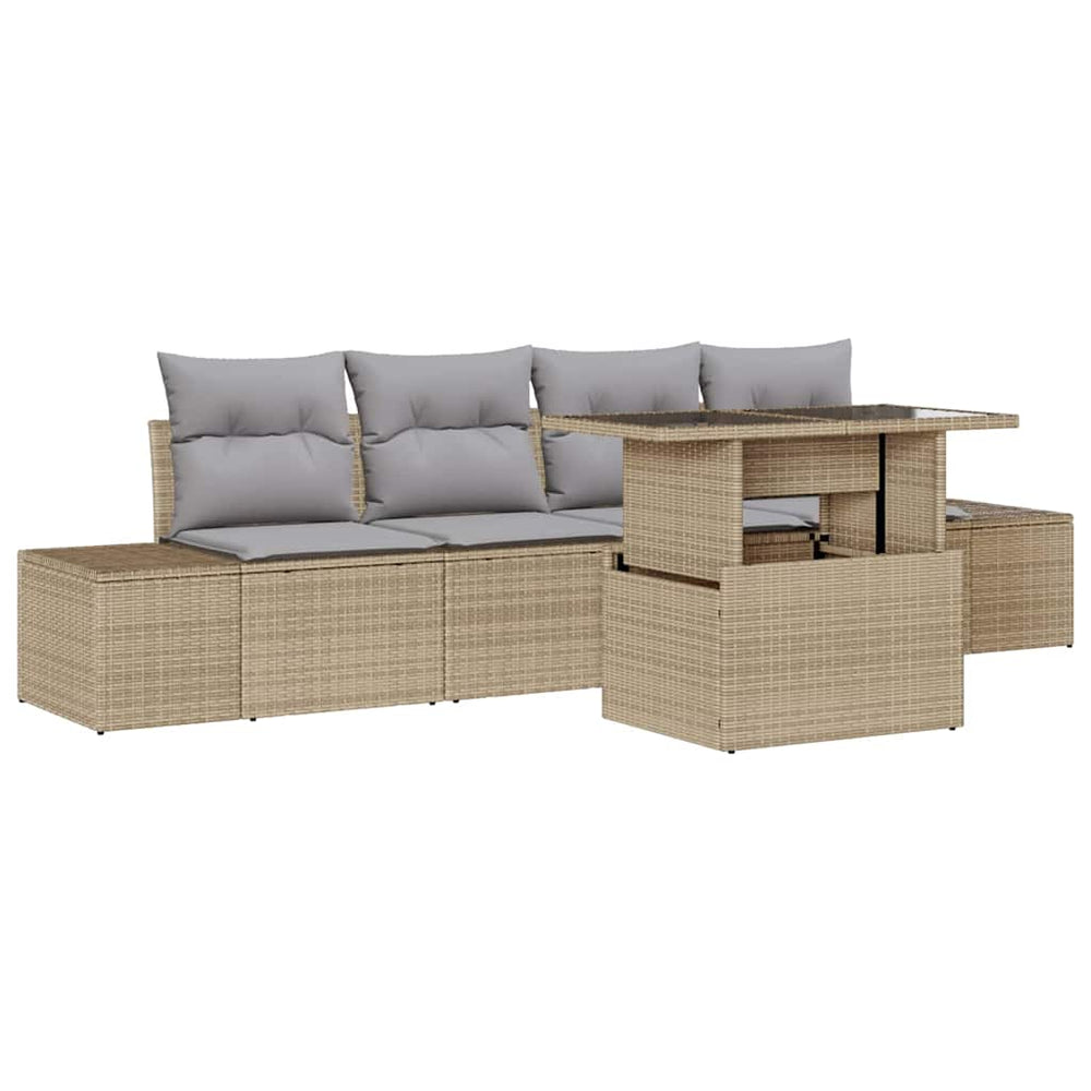 5-Piece Garden Sofa Set with Cushions - Sand-Coloured Poly Rattan