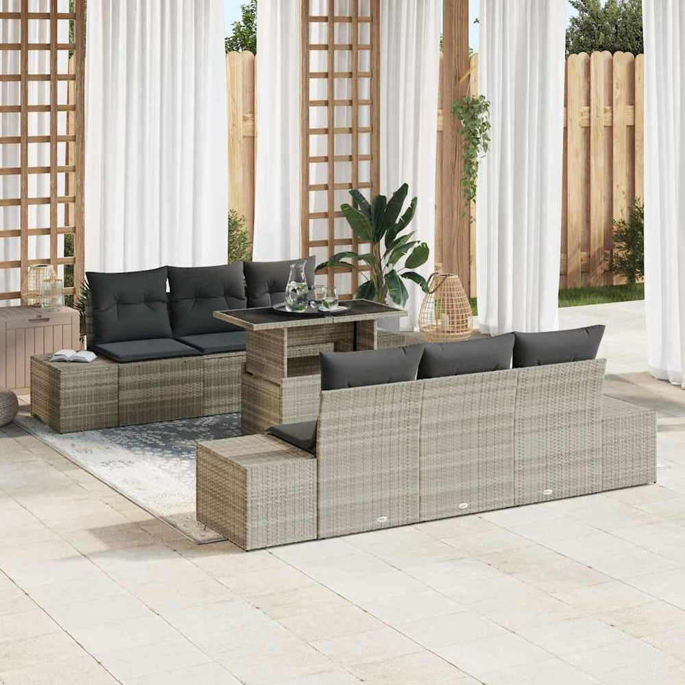 7 dalių sodinė sofa su pagalvėlėmis, šviesiai pilka poli rataninė