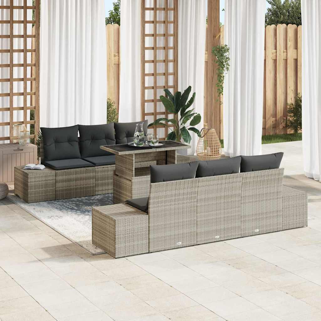 7 dalių sodinė sofa su pagalvėlėmis, šviesiai pilka poli rataninė