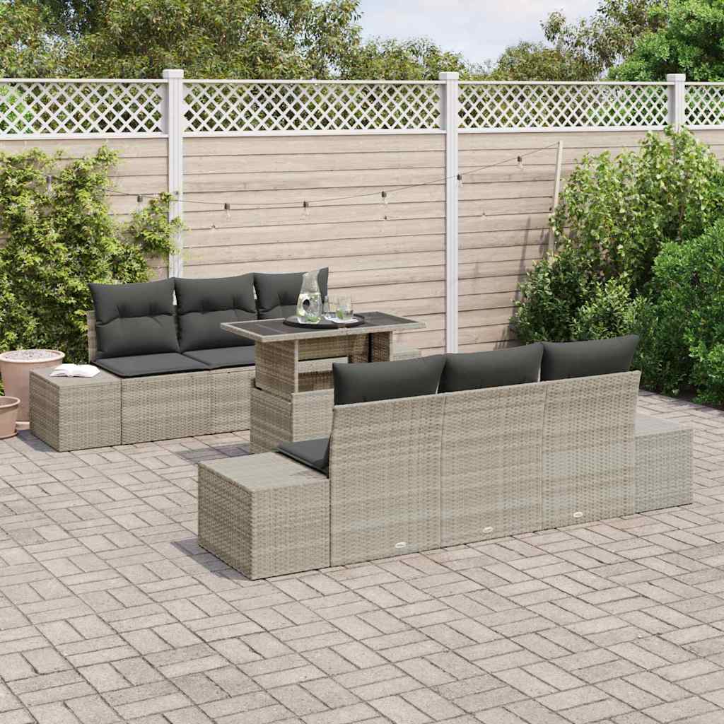 7 dalių sodinė sofa su pagalvėlėmis, šviesiai pilka poli rataninė