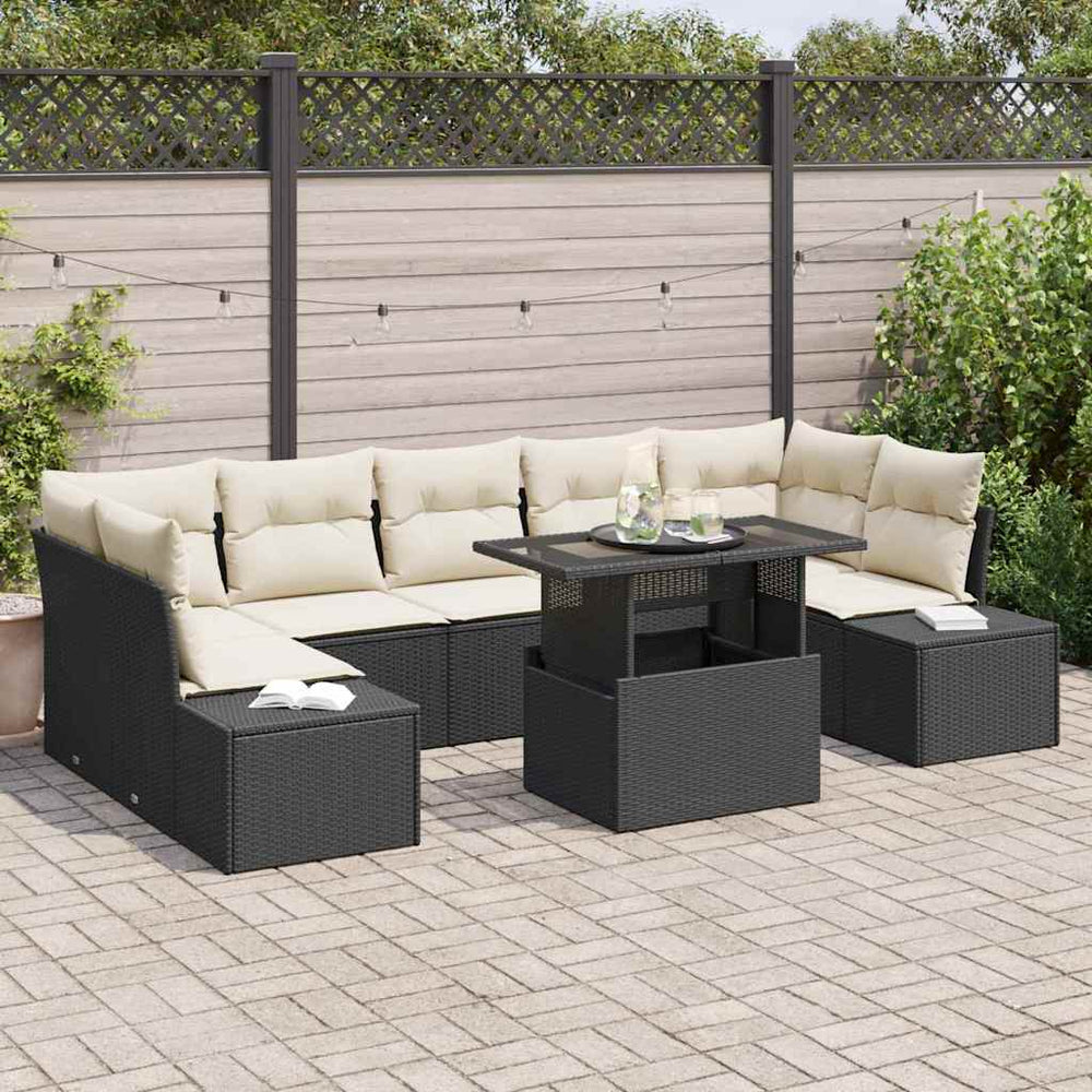 8 dalių sodo sofa-setas su juodomis pagalvėlėmis, iš poli ratanas