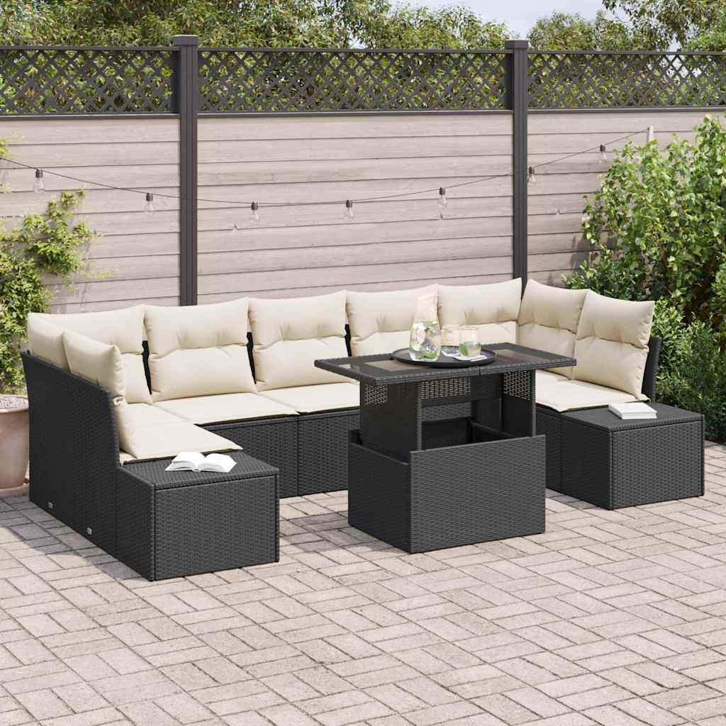 8 dalių sodo sofa-setas su juodomis pagalvėlėmis, iš poli ratanas