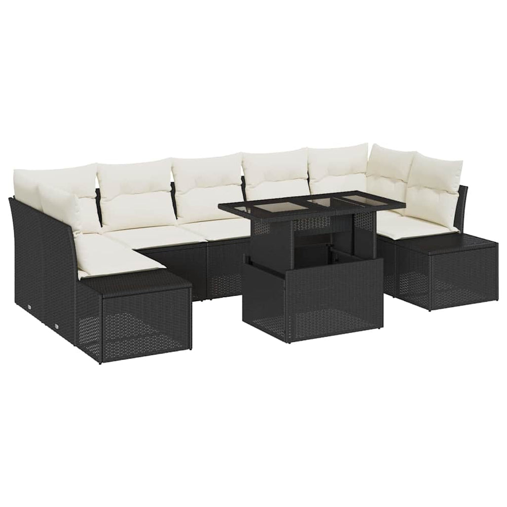 8 dalių sodo sofa-setas su juodomis pagalvėlėmis, iš poli ratanas