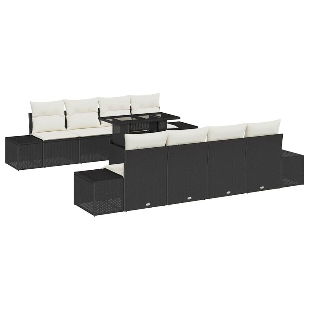 9-piece garden sofa set with black poly rattan cushions.