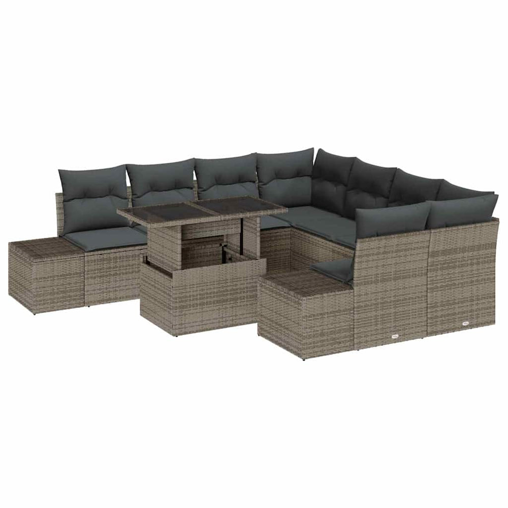 9-piece garden sofa set with cushions, grey poly rattan