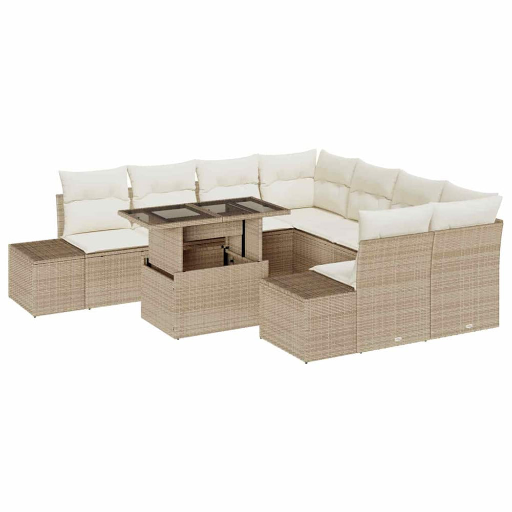9-piece garden sofa set with cushions sand-colored poly rattan