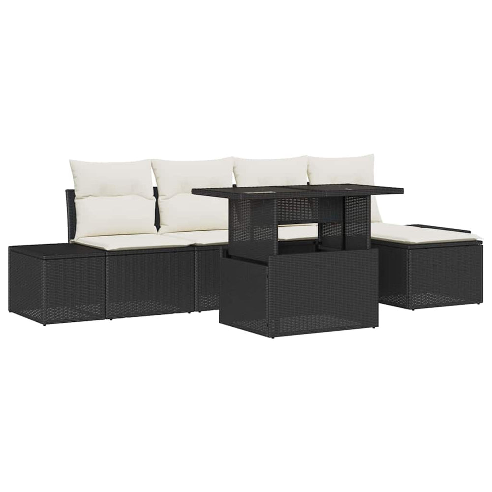 6-Piece Garden Sofa Set with Cushions, Black Poly Rattan