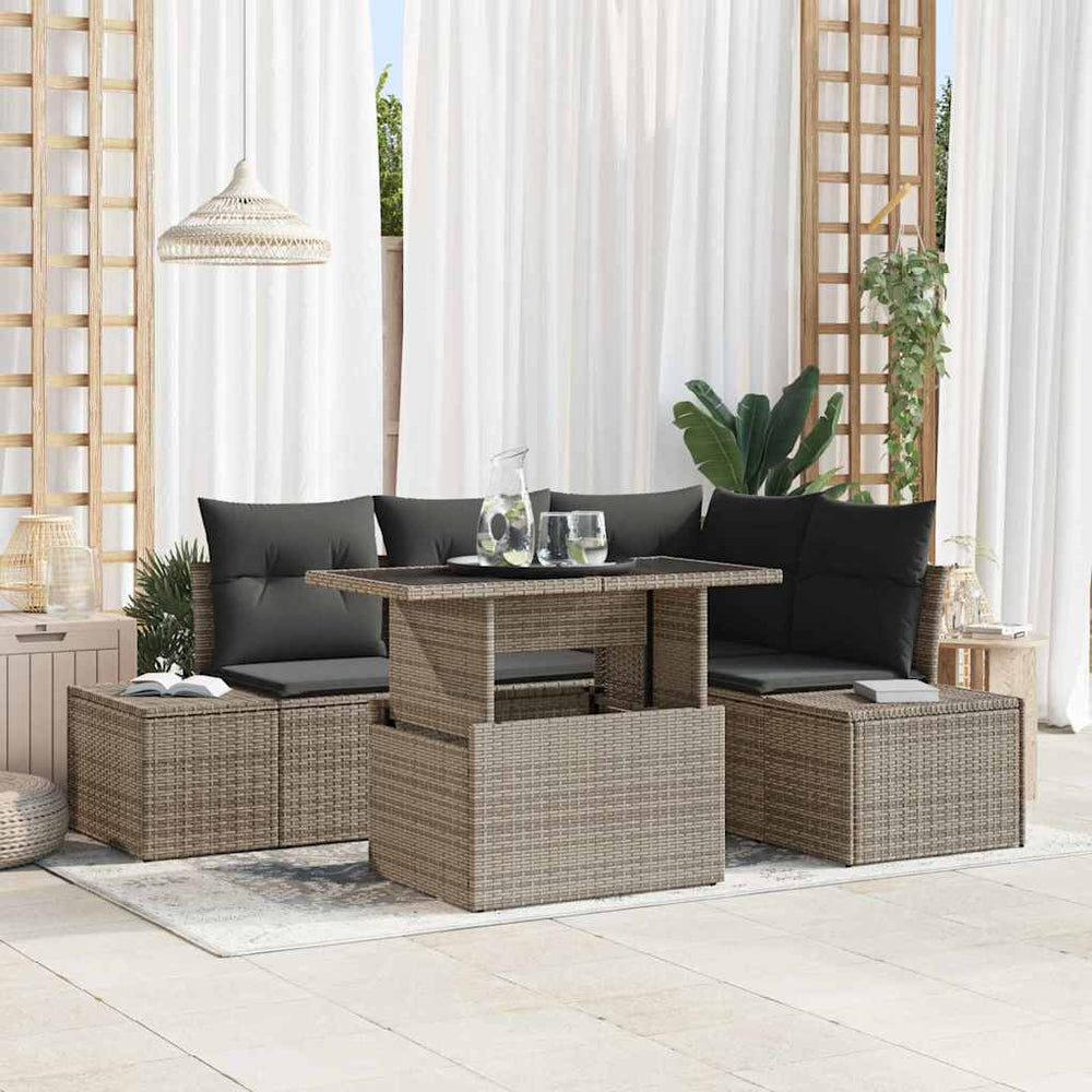 5 dalių sodo sofas komplektas su pagalvėlėm, pilkas poli ratanas