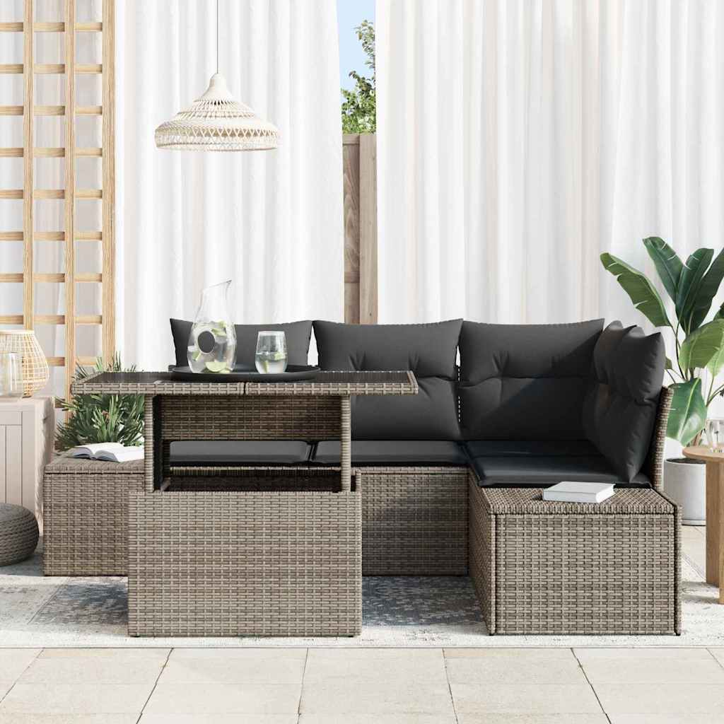 5 dalių sodo sofas komplektas su pagalvėlėm, pilkas poli ratanas