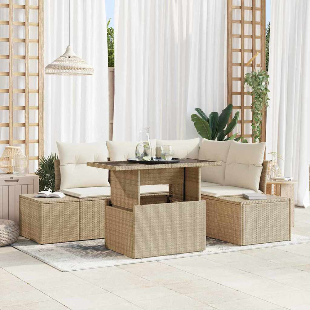 5 dalių sodų sofa su pagalvėlėmis, smėlio spalvos poli ratanas