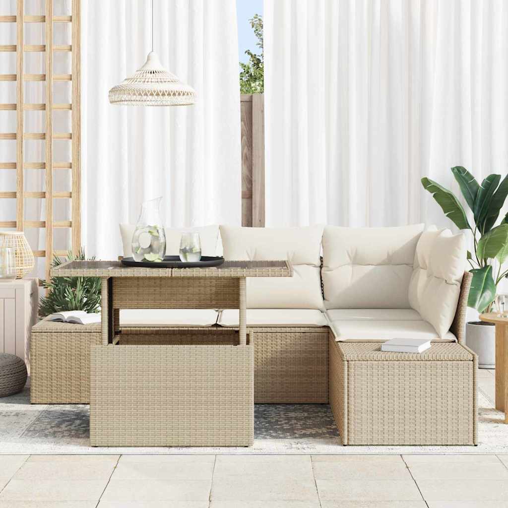 5 dalių sodų sofa su pagalvėlėmis, smėlio spalvos poli ratanas