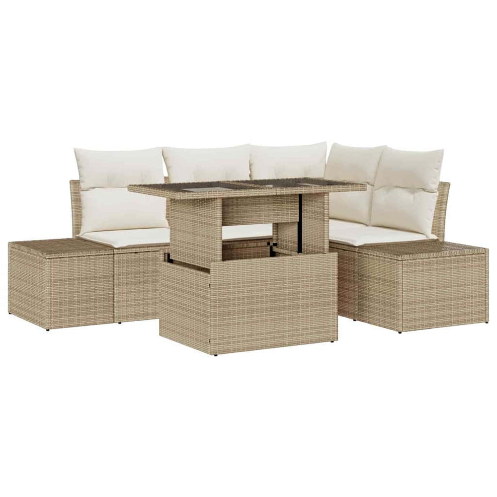 5 dalių sodų sofa su pagalvėlėmis, smėlio spalvos poli ratanas