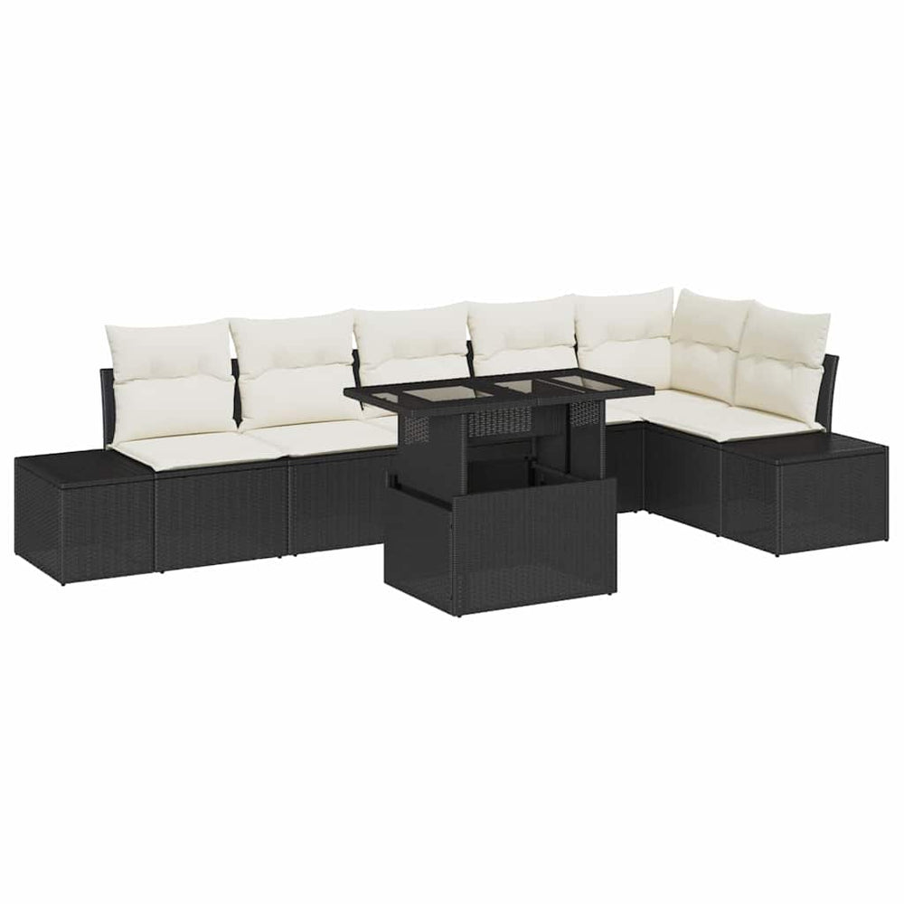 7-Piece Garden Sofa Set with Cushions Black Poly Rattan
