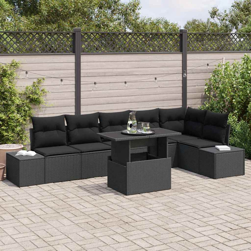 7 dalių sodo sofa komplektas su pagalvėlėmis, juodas poli ratanas