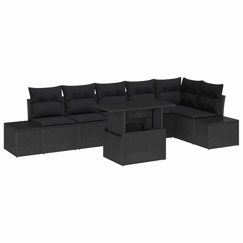 7-piece garden sofa set with cushions, black poly rattan