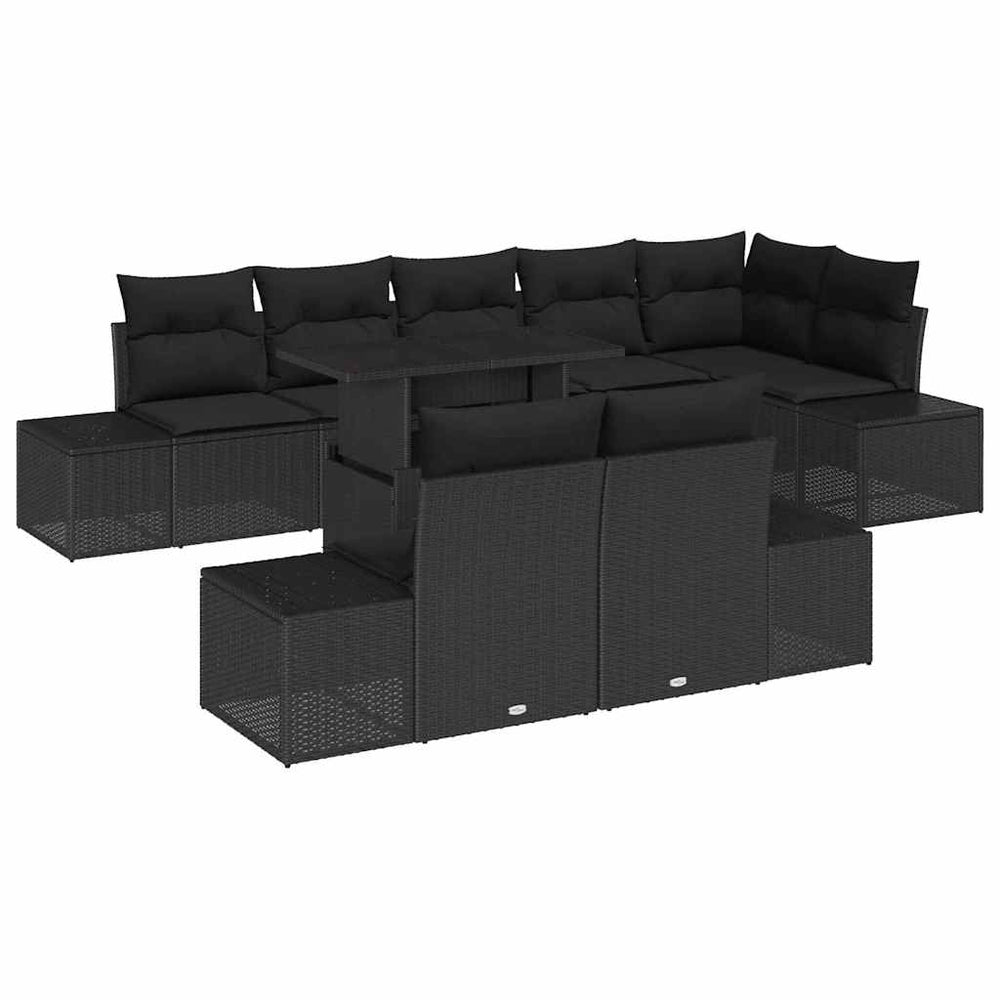 9-piece garden sofa set with cushions, black poly rattan