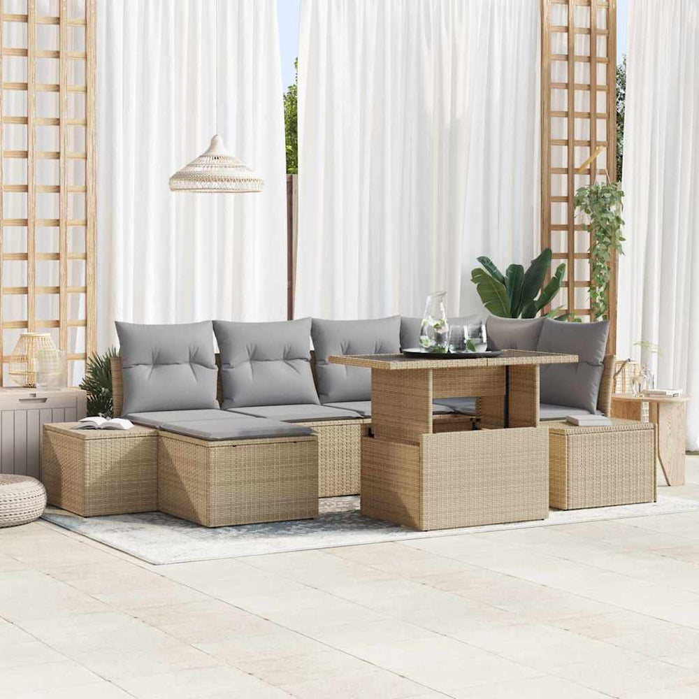7 Dalių Sodo Sofų Komplektas su Pagalvėlėmis, Smėlio Poly Rattan
