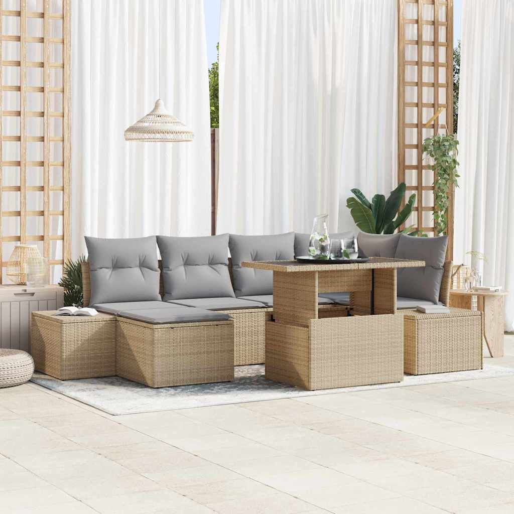 7 Dalių Sodo Sofų Komplektas su Pagalvėlėmis, Smėlio Poly Rattan