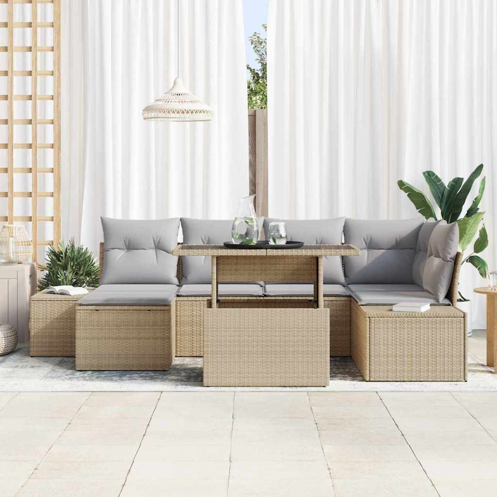 7 Dalių Sodo Sofų Komplektas su Pagalvėlėmis, Smėlio Poly Rattan