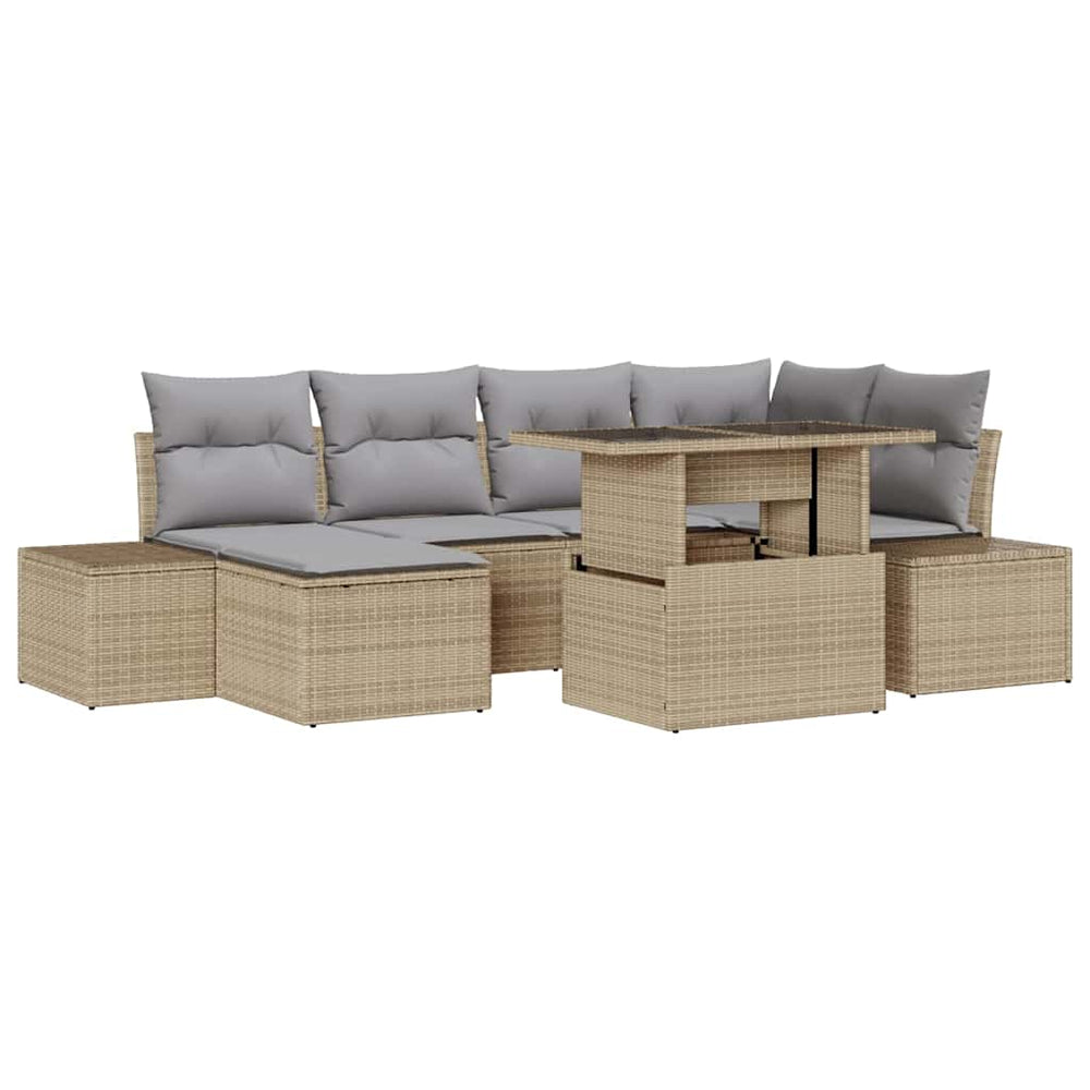7 Dalių Sodo Sofų Komplektas su Pagalvėlėmis, Smėlio Poly Rattan