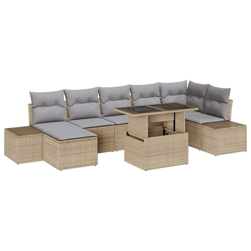 8-piece garden sofa set with cushions, sand-colored poly rattan.