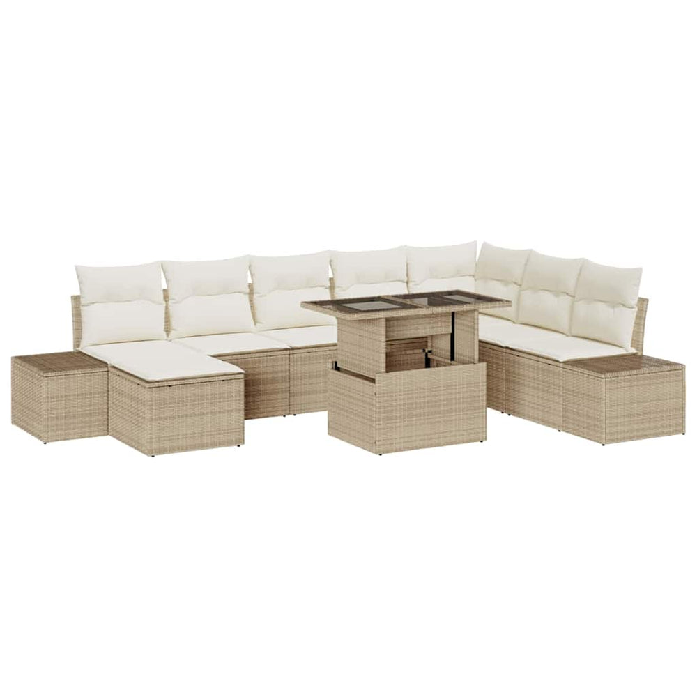 9-piece garden sofa set with cushions, beige poly rattan