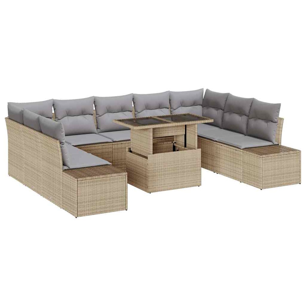 10-piece Garden Sofa Set with Cushions, Sand Poly Rattan