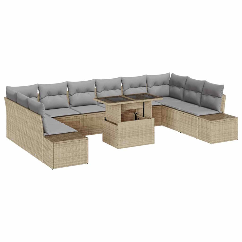 11-piece sofa set with cushions, beige poly rattan