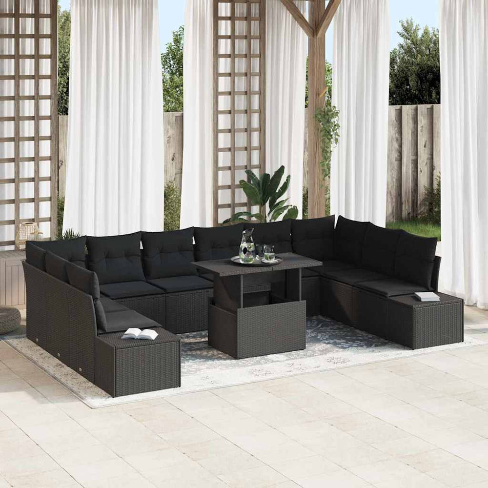 11 dalių sodo sofa komplektas su pagalvėlėmis, juodas poliratanas
