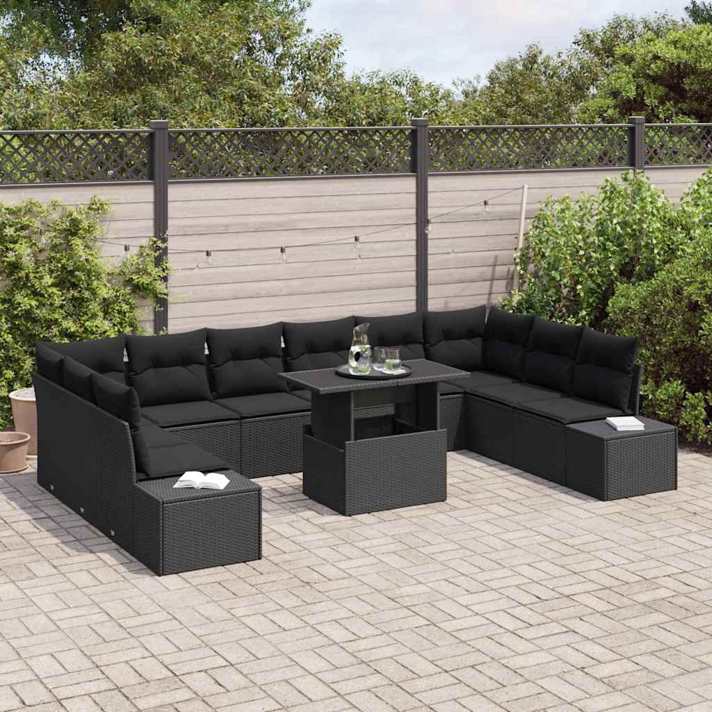 11 dalių sodo sofa komplektas su pagalvėlėmis, juodas poliratanas