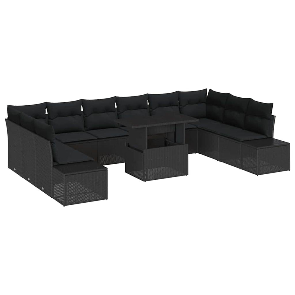 11-piece garden sofa set with cushions, black poly rattan