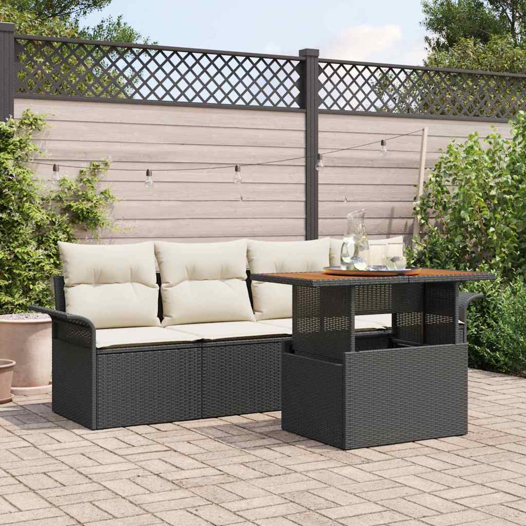 5-piece garden sofa set with cushions, black poly rattan, acacia