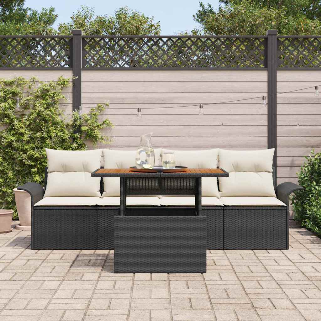 5-piece garden sofa set with cushions, black poly rattan, acacia