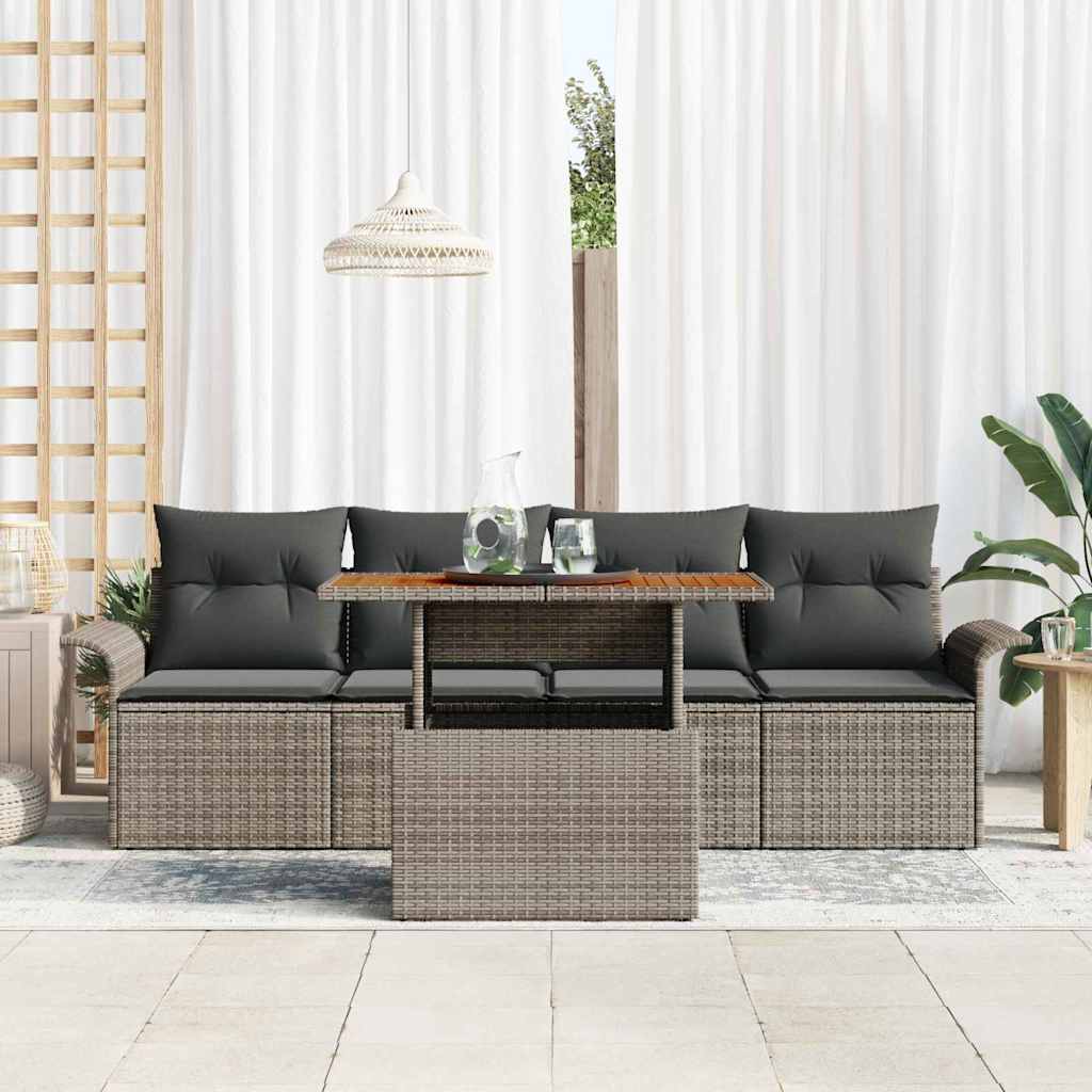 5 dalių sodinė sofa su pagalvėlėmis, pilkas poliratanas, akacija