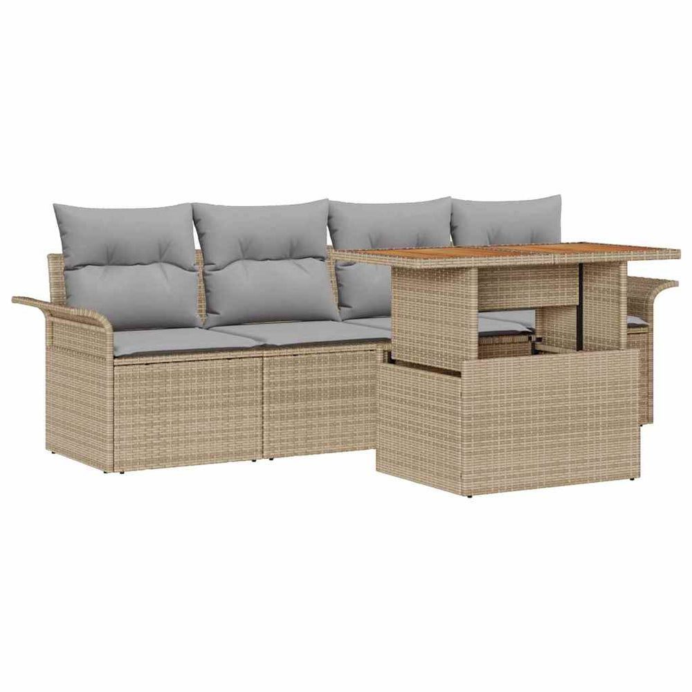 5-Piece Garden Sofa Set with Cushions, Beige Poly Rattan