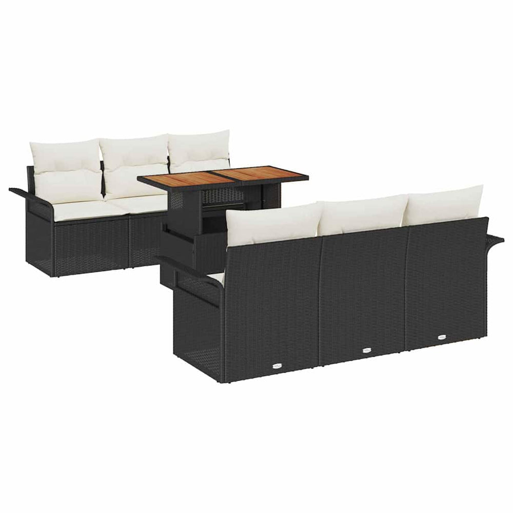 7-piece garden sofa set with cushions in black poly rattan
