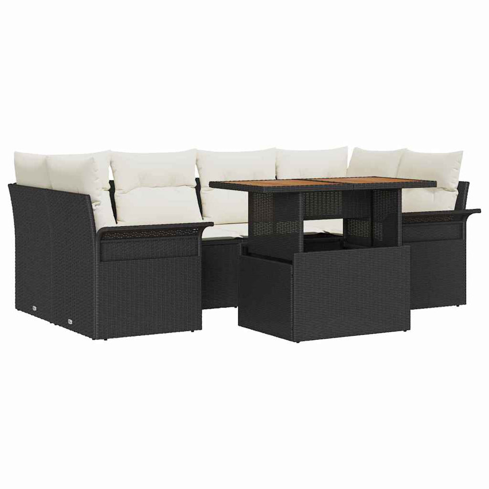 7-Piece Garden Sofa Set with Cushions, Black Poly Rattan and Acacia Wood