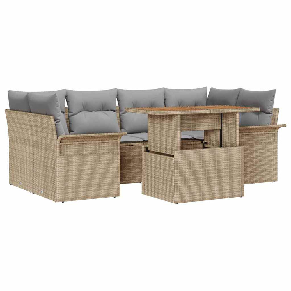 7-piece garden sofa set with cushions, sand-coloured poly rattan, acacia wood.
